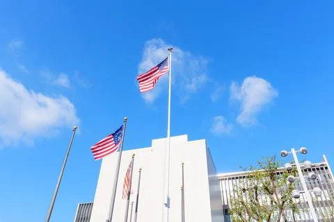 American Flags Fluttering in the Wind by Los Angeles Building Stock Photos