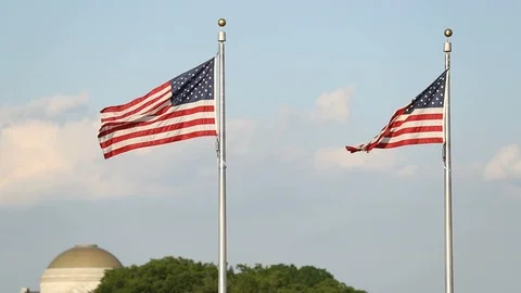 American Flags Fluttering in the Wind in Slow Motion 2 Stock Footage 94729463