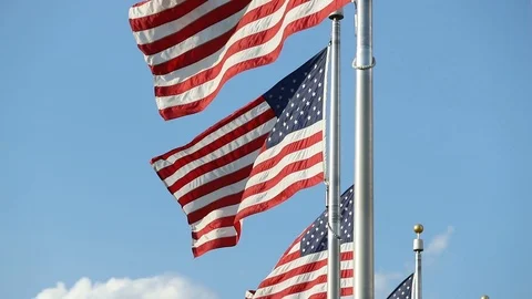 American Flags Fluttering in the Wind in Slow Motion Stock Footage 94729678