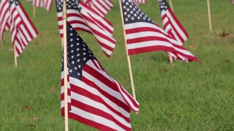 American flags in ground celebrating or honoring veterans that served in the  Stock Footage 221478101