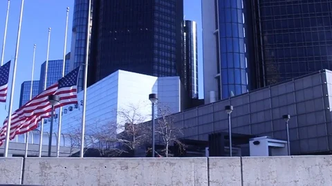 American Flags Outside of the GM Renaissance Center Stock Footage 101442490