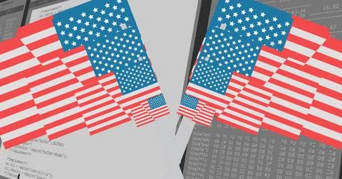 American flags overlapping digital code, symbolizing national cybersecurity 스톡 사진