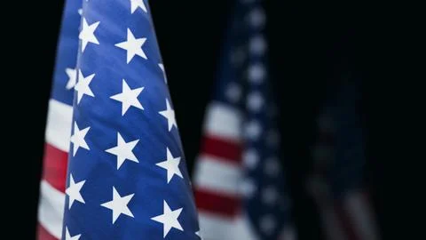 American Flags in Row on Black Background. 3d rendering Illustrazione stock