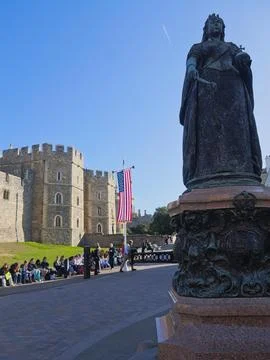 American flags setup outside the Windsor Castle under the watchful eye of Q.. Stock Photos