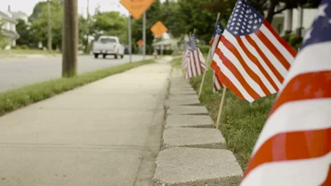 American Flags on Sidewalk Stock Footage 230293699