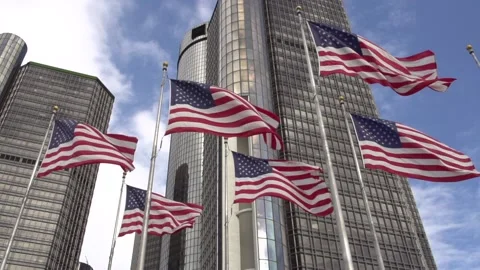 American flags slow motion with building 240fps Vídeos de archivo 143680485