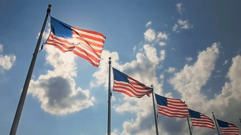 American Flags, Sun Flare, 4K, 2x Slow Motion 스톡 동영상 99473584