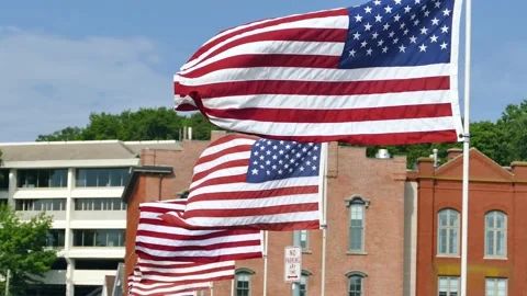 American flags waving on bridge Stock Footage 135676574