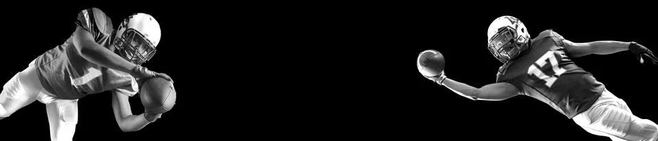American football player banner on black background. Horisontal banner for Stock Photos