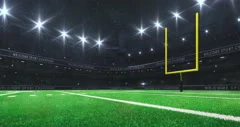 American football arena with yellow goal post, grass field and