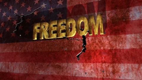 American Freedom Cracked Over Broken Flag With Gold Letters and Grunge Textur Stock Footage 330503164
