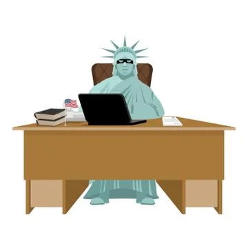 American hacker. computer thief from USA. Statue of Liberty in mask and  lapt Stock Illustration