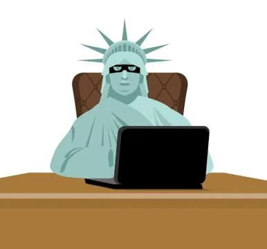 American hacker. computer thief from USA. Statue of Liberty in mask and  lapt 스톡 일러스트