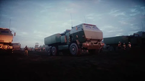 American High Mobility Artillery Rocket System in a ruined city. Video stock 313505511
