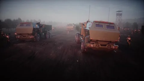 American High Mobility Artillery Rocket System in a ruined city. 库存影片 313505521