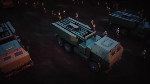 American High Mobility Artillery Rocket System in a ruined city. Vídeos de archivo 313505522
