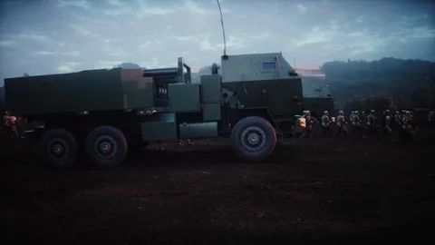 American High Mobility Artillery Rocket System in a ruined city. 動画素材 313505525