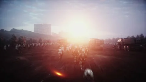 American High Mobility Artillery Rocket System in a ruined city. Video stock 313505532