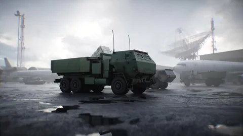 American High Mobility Artillery Rocket System. Military base. Stock Footage 313505820