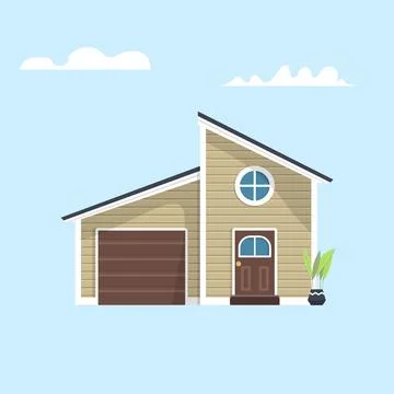 American house with garage flat vector icon. Modern home with vinyl siding. Stock Illustration