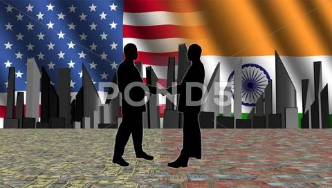 American indian meeting with skyline flags and currency illustration Stock Illustration