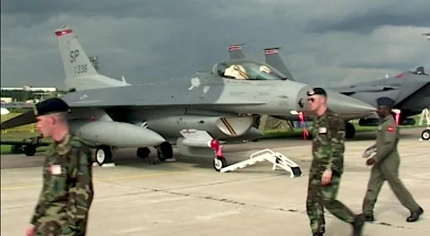 American light fighter General Dynamics F-16 Fighting Falcon at parking lot. Stock Footage 172571831
