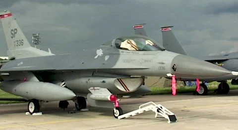 American light fighter General Dynamics F-16 Fighting Falcon at parking lot. Stock Footage 172572535