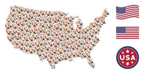 American Map Stylized Composition of Falling Airplane Stock Illustration
