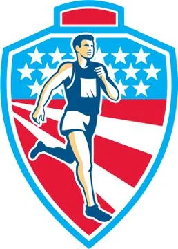 American marathon runner running shield retro Stock Illustration