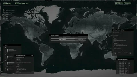 American military warehouse. Login into system.Scanning world map.User Interface Stock Footage