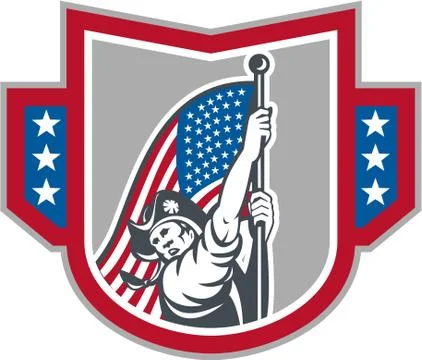 American patriot holding up stars stripes flag Stock Illustration