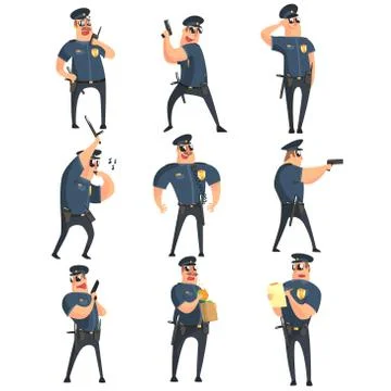 American Policeman Funny Characters Set Stock Illustration