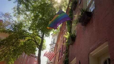 An American rainbow flag and a regular American flag hanging from lovely Stock Footage 140400171