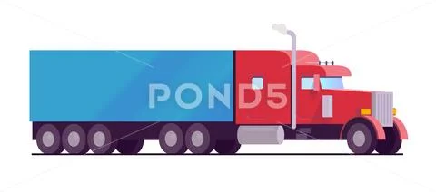 American rig big truck red color with a blue trailer cargo. delivery and Stock Illustration
