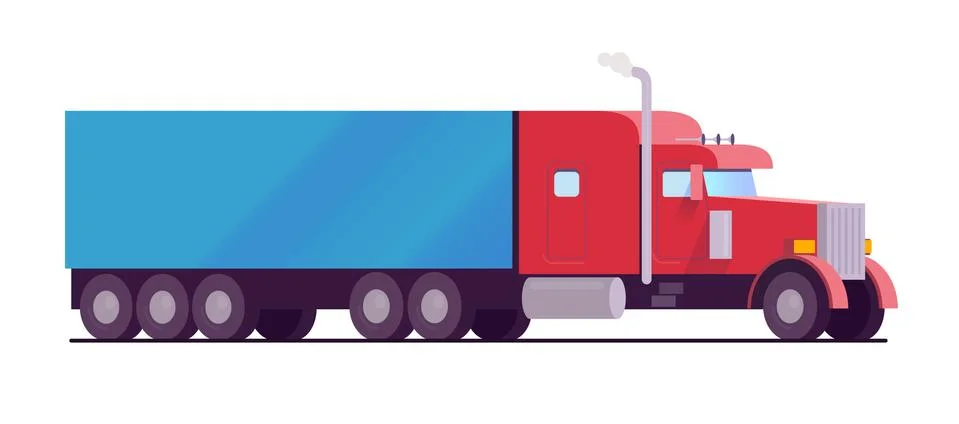 American rig big truck red color with a blue trailer cargo. delivery and Stock Illustration