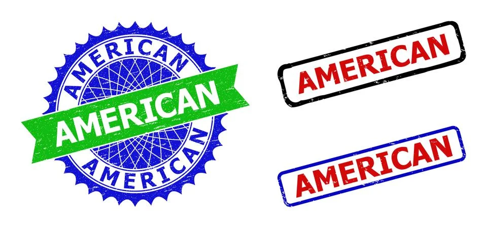 AMERICAN Rosette and Rectangle Bicolor Badges with Distress Styles Stock Illustration