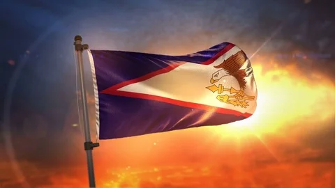 American Samoa Flag Backlit At Beautiful Sunrise Loop Slow Motion 4K Stock Footage 76141668