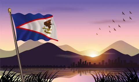 American Samoa flag flying against a beautiful sunrise sky. Stock Illustration