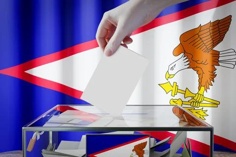 American Samoa flag, hand dropping ballot card into a box - voting, election  Ilustración de archivo