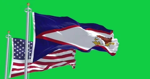 The American Samoa flags waving with american flag isolated on green backgrou Stock Footage 283763987