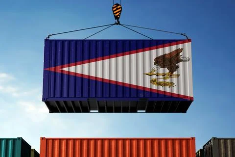 American Samoa trade cargo container hanging against clouds background 스톡 일러스트