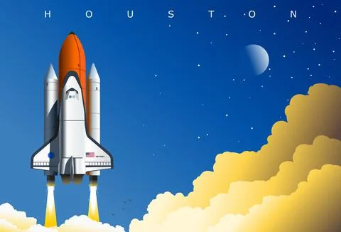 American space shuttle launch, symbolic illustration, Houston, TX, USA. Stock Illustration