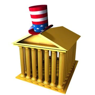 American top hat standing over stocks exchange building Ilustración de archivo