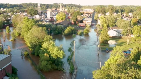 American town under flood water. Residential district. Hurricane aftermath Stock Footage
