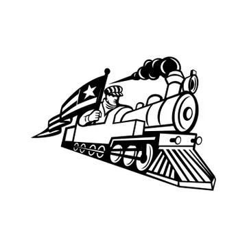 American Train Engineer Driving Steam Locomotive Mascot Black and White Stock Illustration