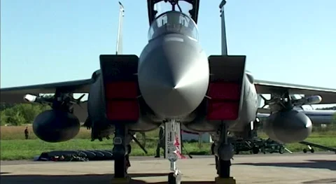 American twin-engine fighter McDonnell Douglas F-15 Eagle in static parking lot. Stock Footage 196152632