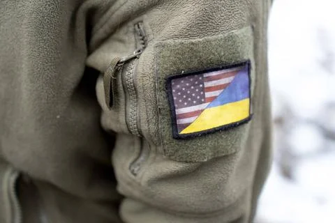  American-Ukrainian patch seen on jacket of American citizen living in Ukr... Stock Photos