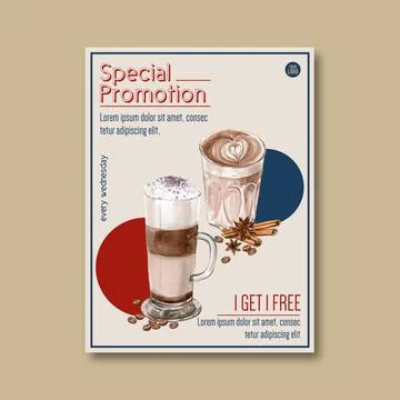Americano ,cappuccino, espresso coffee poster discount, template design, wate Stock Illustration