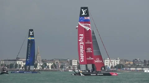 America's Cup qualifying series - Team New Zealand relax after a race. Stock Footage 65745969