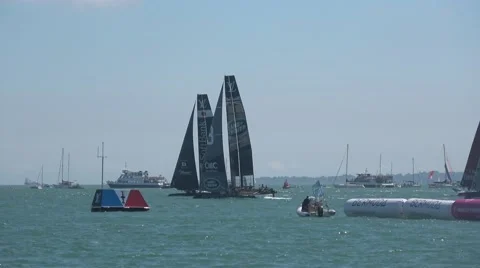 America's Cup qualifying  - The teams race to round the mark. Stock Footage 65734574